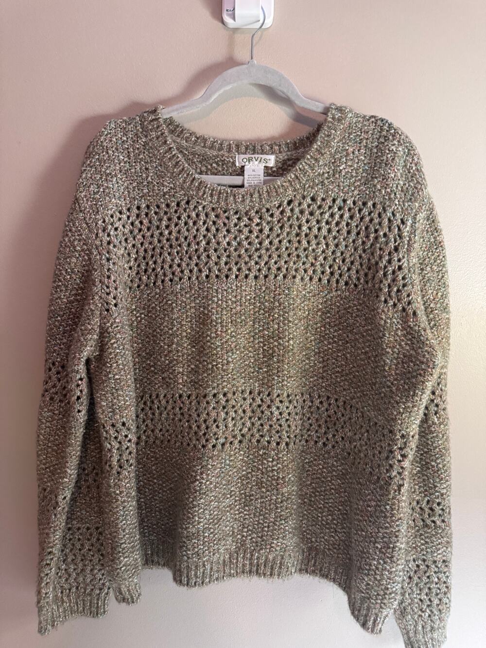 Orvis Women's XL Tweed Open Knit Sweater Multicolor Fleck Crewneck Pullover